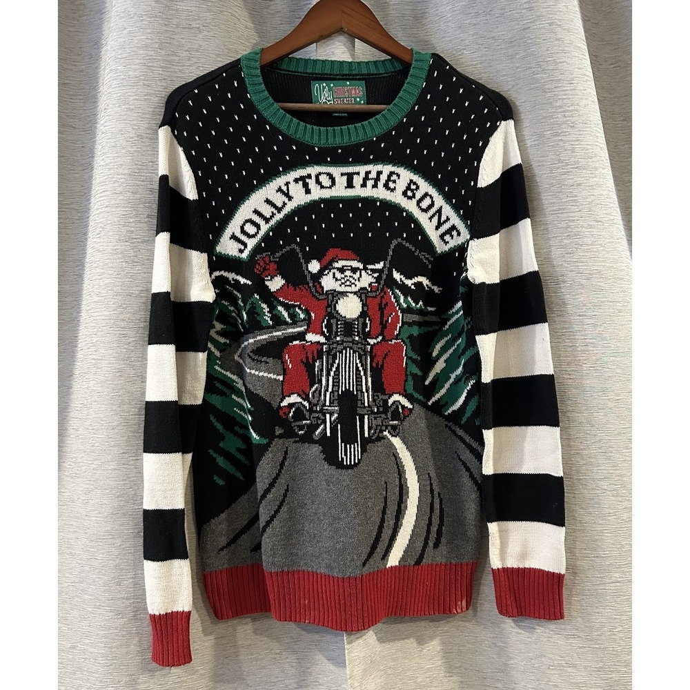 Jolly to the bone Christmas holiday sweater Santa On A Motorcycle Size Small
